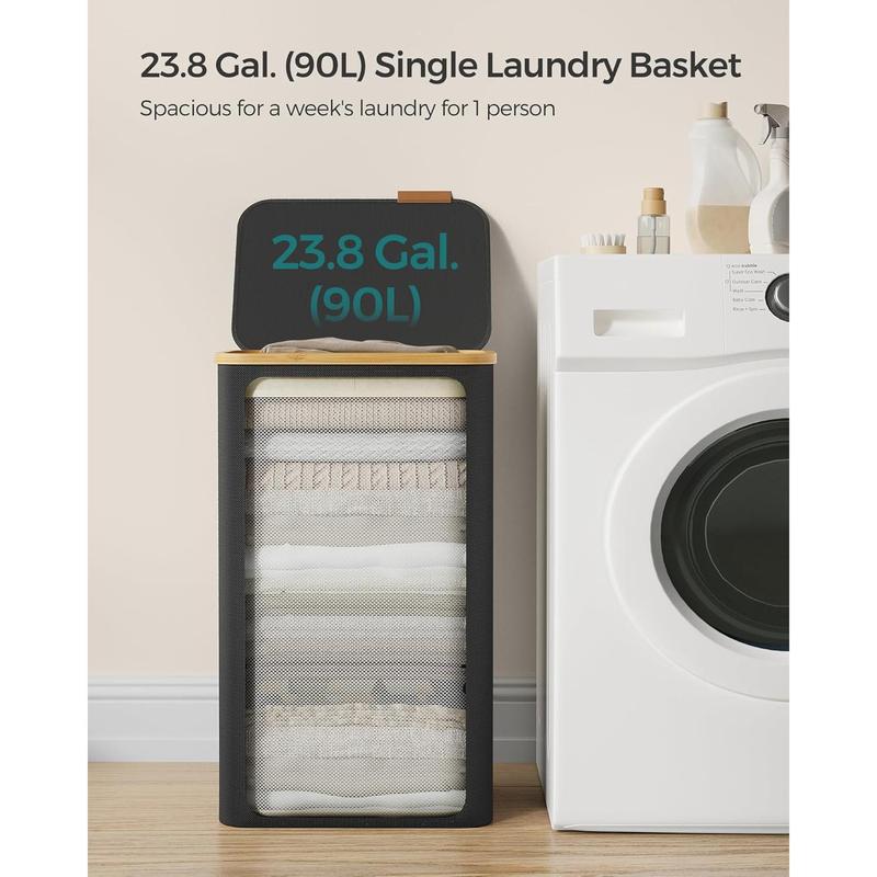 Laundry Hamper with Lid, Large Laundry Basket, 23.8 Gallons (90L), Removable Mesh Liner, Bamboo Handles, Collapsible, 16.5 x 12.6 x 27.8 Inches, Ink Black ULCB509B01