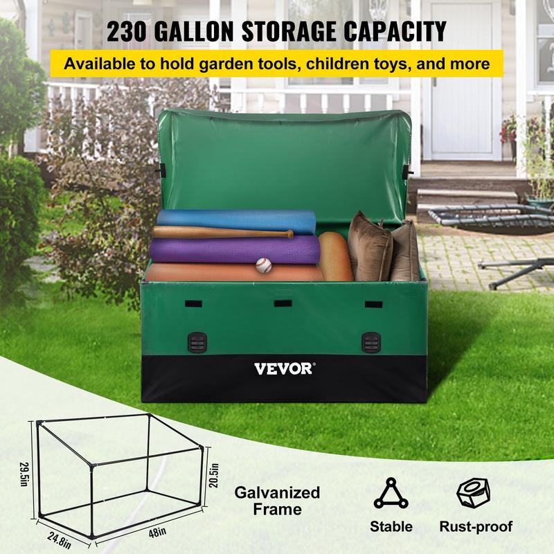 VEVOR Outdoor Storage Box, 100 150 230 Gallon Waterproof PE Tarpaulin Deck Box w Galvanized Frame, All-Weather Protection & Portable, for Camping, Garden, Poolside, and Yard, Black & Green Organiser