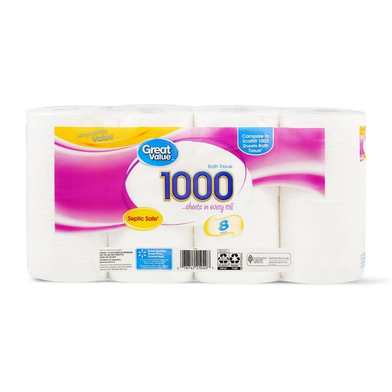 Great Value 1,000 Sheets per Roll Toilet Paper, 8 Rolls