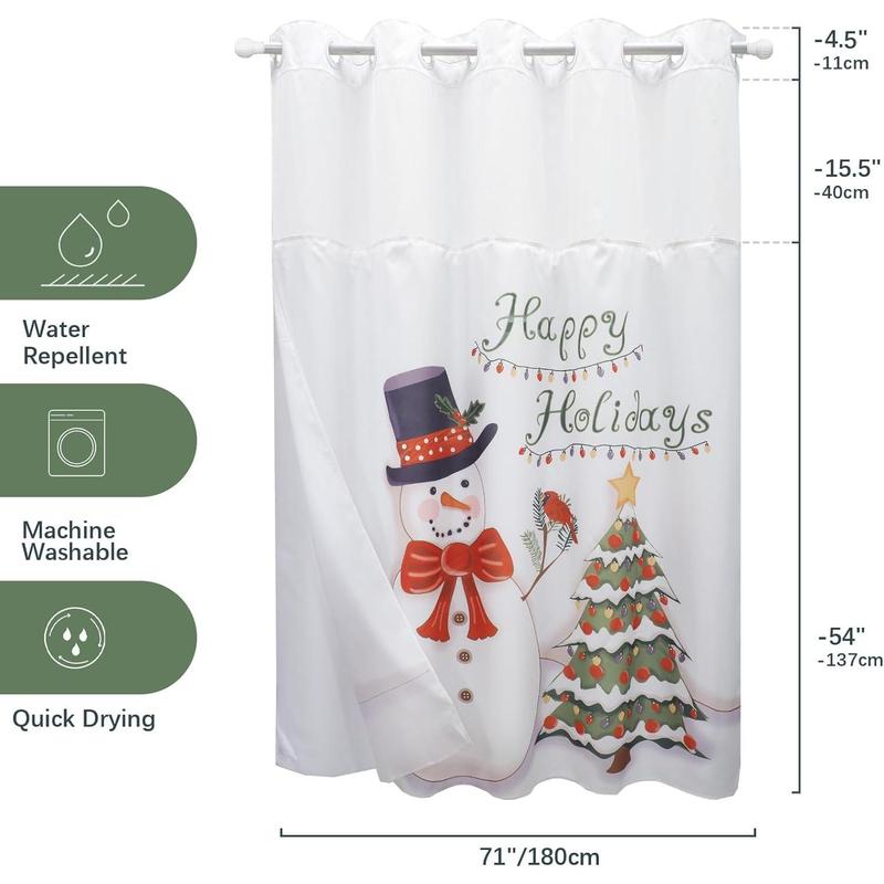 Christmas Pattern No Hook Shower Curtain with Snap-in Fabric Liner Set, Double Layers Heavy Duty Fabric Bathroom Curtain with See Through Top, Hotel Grade, Machine Washable, 71Wx74L