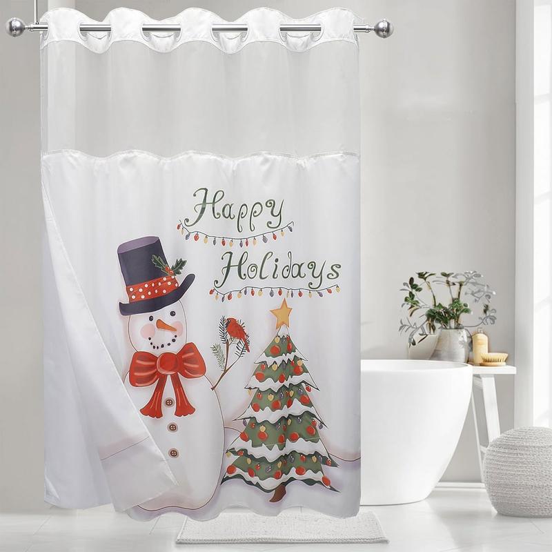 Christmas Pattern No Hook Shower Curtain with Snap-in Fabric Liner Set, Double Layers Heavy Duty Fabric Bathroom Curtain with See Through Top, Hotel Grade, Machine Washable, 71Wx74L