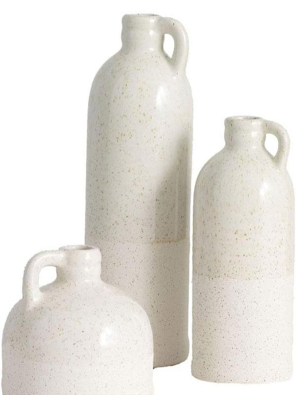 Modern Farmhouse Distressed Two-Toned White Small Ceramic Jug Set of Three (3), 4, 7.5, 10” Tall, Crackled Finish Faux Floral Jugs, Distressed... Decor Decorative