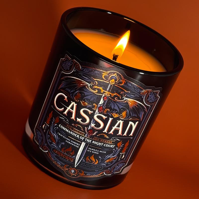 Cassian - ACOTAR inspired 8oz Scented Candle - Crackling Embers, Icy Wind, Vanilla Musk, Hard Wood - Natural Coconut Wax - 35 h Burn Time - Premium Foil Label