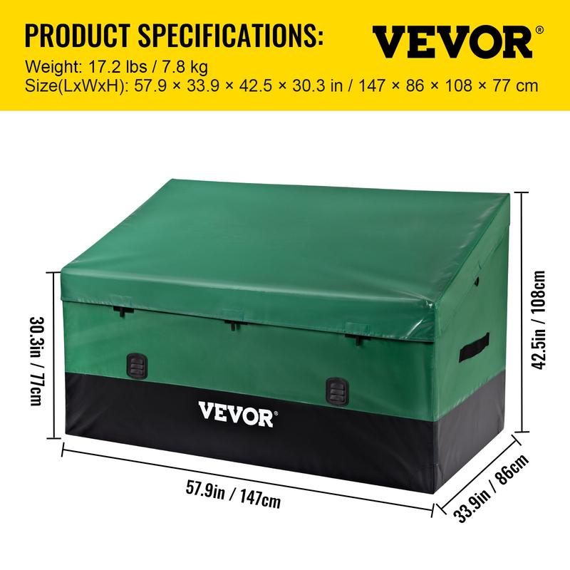 VEVOR Outdoor Storage Box, 100 150 230 Gallon Waterproof PE Tarpaulin Deck Box w Galvanized Frame, All-Weather Protection & Portable, for Camping, Garden, Poolside, and Yard, Black & Green Organiser