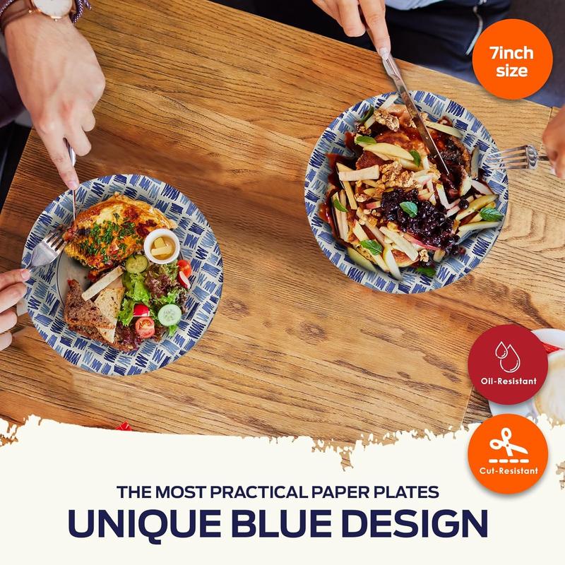 Paper 7 Inch Plates [Pack of 50] Heavy-Duty Disposable Dinner Plates| Microwave-Safe Paper Plates| Sturdy Oil Water & Cut Resistant Blue Paper Plates