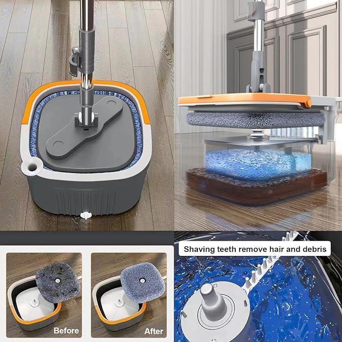 Spin Mop and Bucket with  Self Separation Dirty and Clean Water System, Self Wringing 360° Rotating Clean Mop-Head for Hardwood Tile Marble Floors ，Comes with 4 washable and reusable microfiber pads