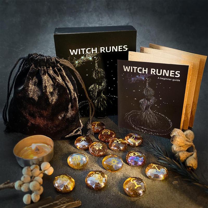 Witch Runes Set, 1 Set Glass Divination Stone with Storage Bag & Guidebook, Party Supplies for Mystical Gatherings, Witchcraft Gift Kit for Adults