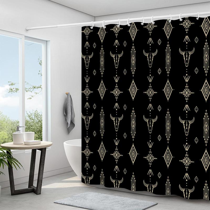 Boho Style Ox Head Pattern Shower Curtain, 1 Count Modern Waterproof Bathroom Curtain with 12pcs Hooks, Bathroom Decor Supplies for Home Hotel