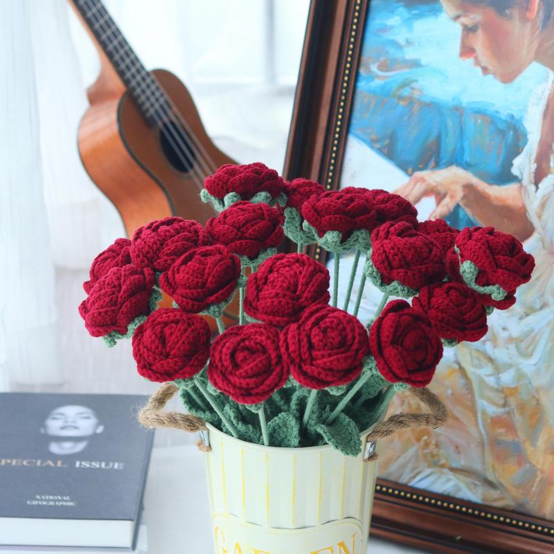 Crochet Rose Artificial Flower, 10pcs set Handmade Knitting Rose, Decorative Flower for Home Party Wedding Office Festival