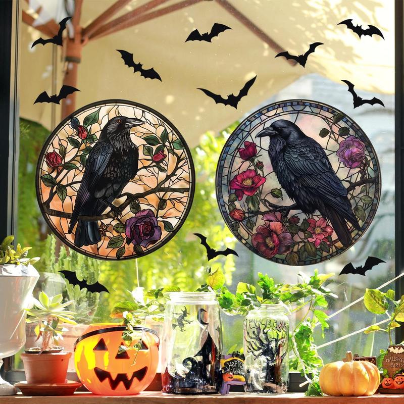 Halloween Crow & Flower Pattern Window Sticker, 4 Counts set Round Window Decal, Decorative Sticker for Home Window, Home Decor, Halloween Decor