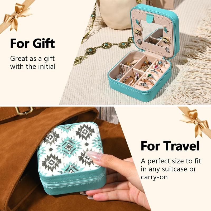 Western Jewelry Box Case Gift Aztec Print Travel Jewelry Organizer Christmas Gifts for Teen Girls Cowgirl Stuff Small Portable Travel Accessories for Women (Aztec) Set