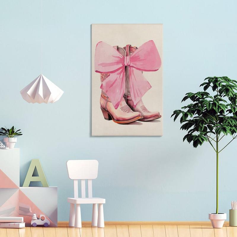 Pink Cowgirl Bow Poster, Cowgirl Room Decor, Bow Room Decor, Preppy Western Wall Art Canvas Painted Pink Cowboy Boots Poster Suitable for Girls Room Dorms