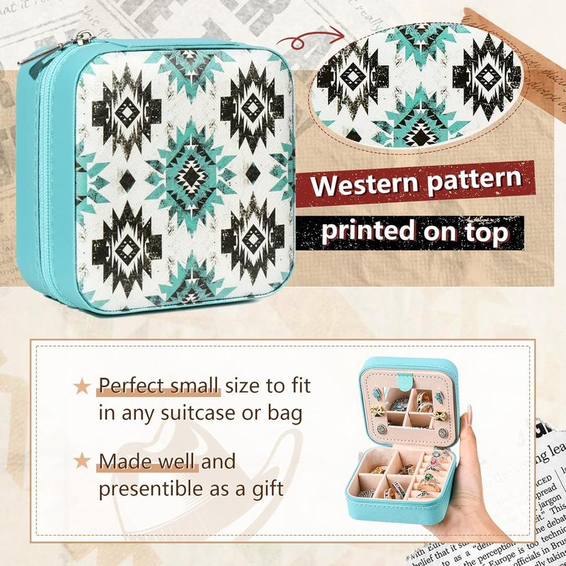 Western Jewelry Box Case Gift Aztec Print Travel Jewelry Organizer Christmas Gifts for Teen Girls Cowgirl Stuff Small Portable Travel Accessories for Women (Aztec) Set