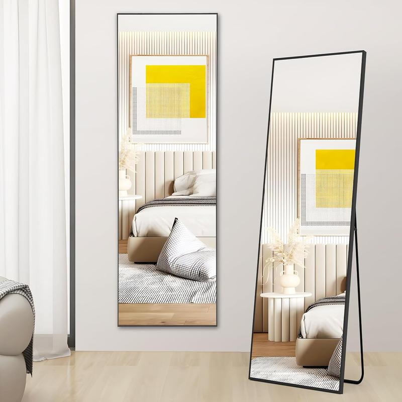 Full Length Mirror with Stand, 59''×16'' Floor Mirror with Aluminum Alloy Frame for Bedroom, Standing Full Body Mirror with Shatter-Proof Glass for Wall, Living Room, Cloakroom, Rect-Black gold