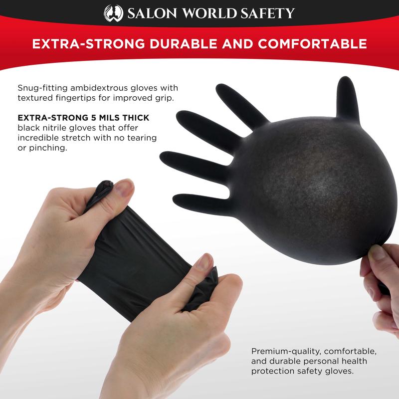 Salon World Safety Black Nitrile Disposable Gloves, Box of 100, Size Large, 5.0 Mil - Latex Free, Textured, Food Safe Cleaning