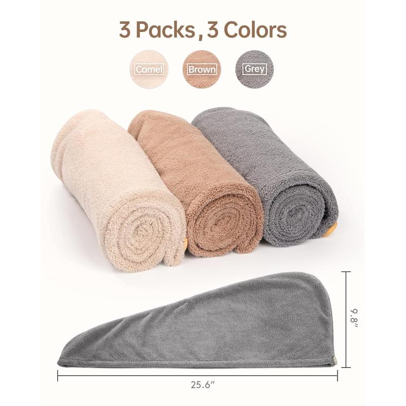 Microfiber Hair Towel 3 Pack, Hair Towel with Button, Super Absorbent Hair Towel Wrap for Curly Hair, Fast Drying Hair Turban Towel for Women, Anti Frizz Microfiber Towel