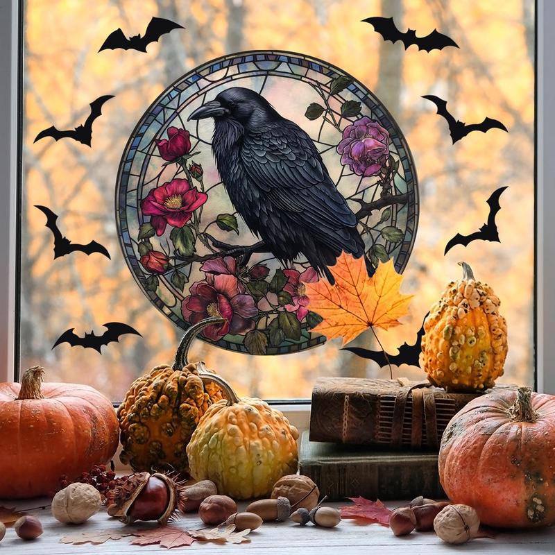 Halloween Crow & Flower Pattern Window Sticker, 4 Counts set Round Window Decal, Decorative Sticker for Home Window, Home Decor, Halloween Decor