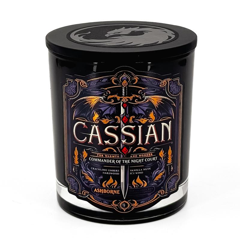 Cassian - ACOTAR inspired 8oz Scented Candle - Crackling Embers, Icy Wind, Vanilla Musk, Hard Wood - Natural Coconut Wax - 35 h Burn Time - Premium Foil Label