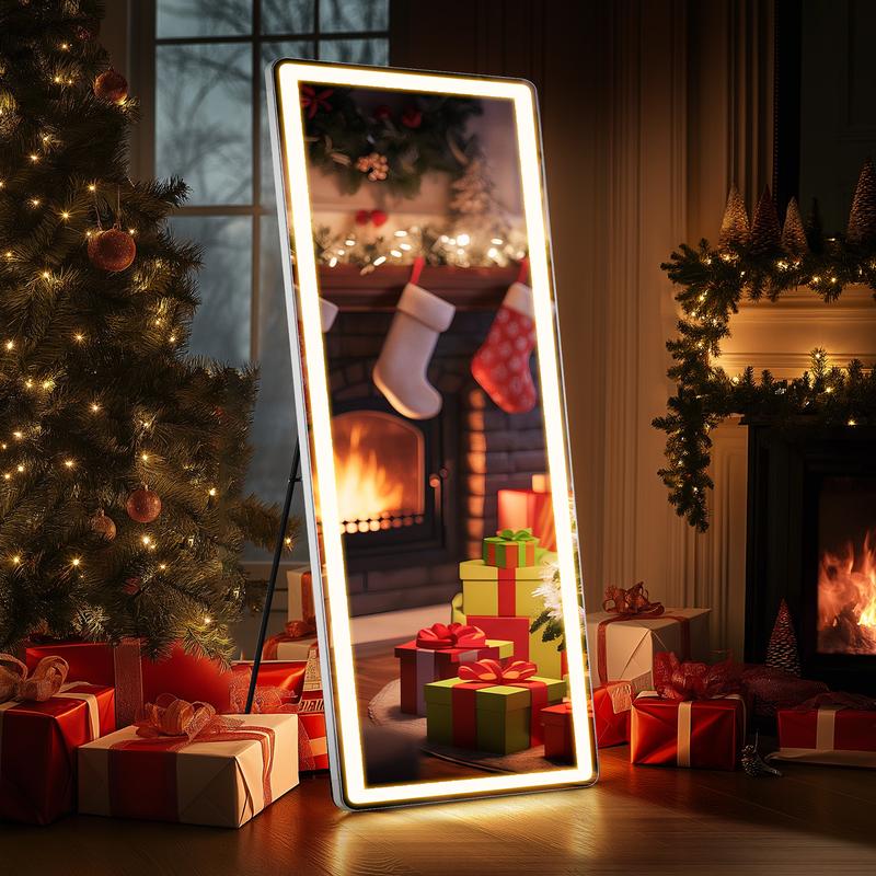 Sweet Furniture F Floor Mirror Stand Mirror Full Length with LED Lights, Floor Mirror Dimming & 3 Color Lighting, Large Mirror Full Length Aluminum Alloy Thin Frame for Bedroom, Dressing Room