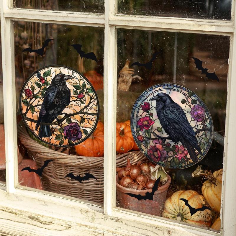 Halloween Crow & Flower Pattern Window Sticker, 4 Counts set Round Window Decal, Decorative Sticker for Home Window, Home Decor, Halloween Decor