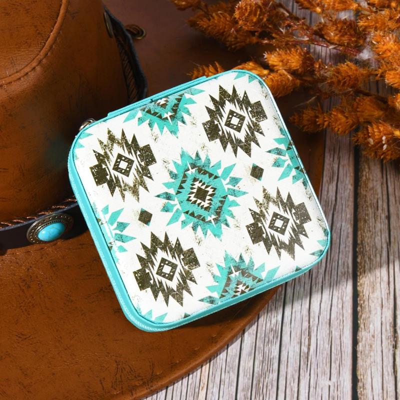 Western Jewelry Box Case Gift Aztec Print Travel Jewelry Organizer Christmas Gifts for Teen Girls Cowgirl Stuff Small Portable Travel Accessories for Women (Aztec) Set