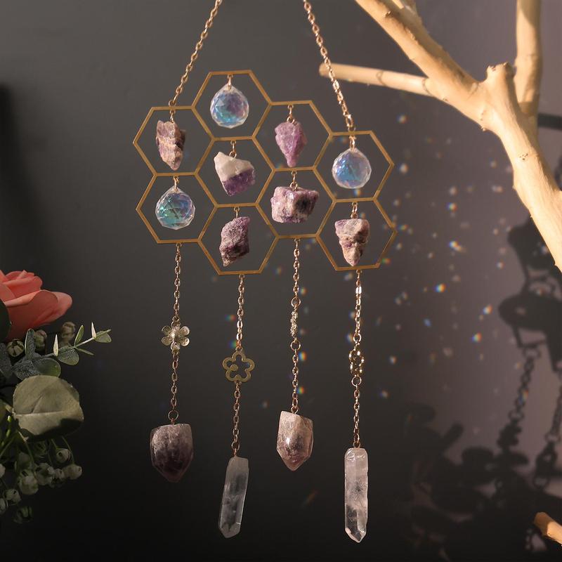 Honeycomb Crystal Stone Sun Catcher, 1 Count Sun Catcher Hanging Decoration, Wind Chime for Home Living Room Courtyard Garden Window