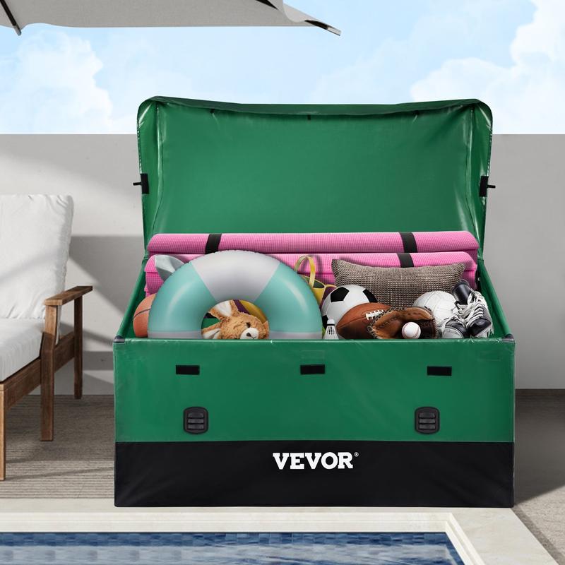 VEVOR Outdoor Storage Box, 100 150 230 Gallon Waterproof PE Tarpaulin Deck Box w Galvanized Frame, All-Weather Protection & Portable, for Camping, Garden, Poolside, and Yard, Black & Green Organiser