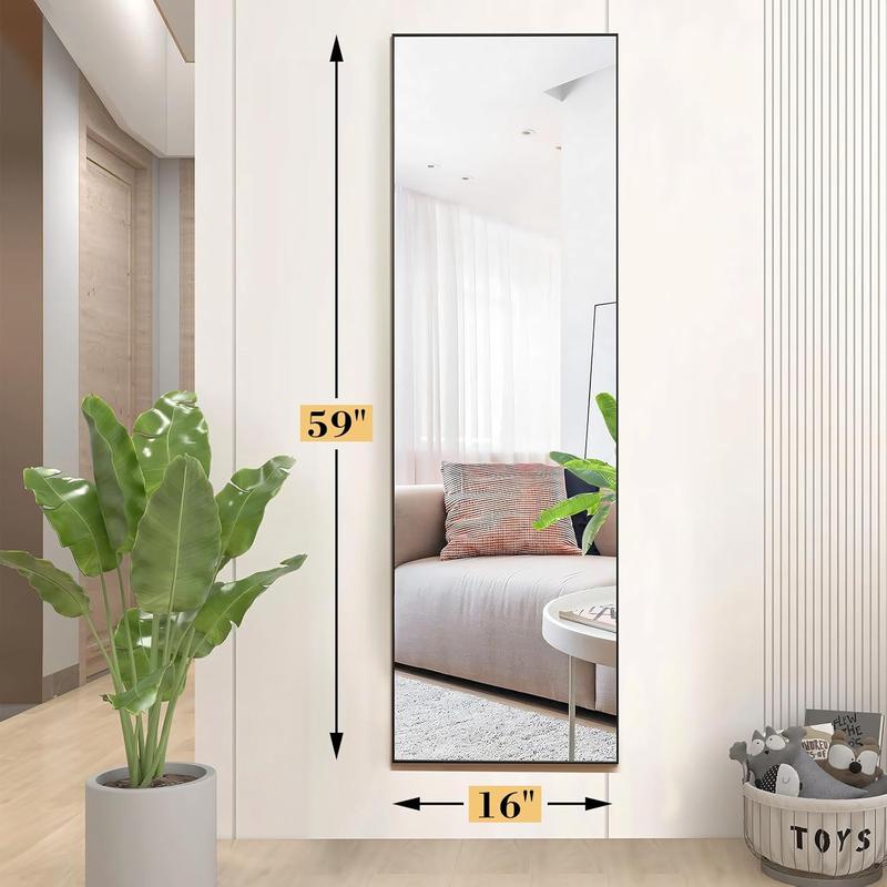 Full Length Mirror with Stand, 59''×16'' Floor Mirror with Aluminum Alloy Frame for Bedroom, Standing Full Body Mirror with Shatter-Proof Glass for Wall, Living Room, Cloakroom, Rect-Black gold