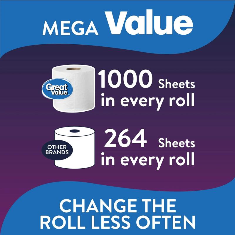 Great Value 1,000 Sheets per Roll Toilet Paper, 8 Rolls