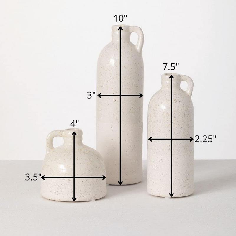 Modern Farmhouse Distressed Two-Toned White Small Ceramic Jug Set of Three (3), 4, 7.5, 10” Tall, Crackled Finish Faux Floral Jugs, Distressed... Decor Decorative