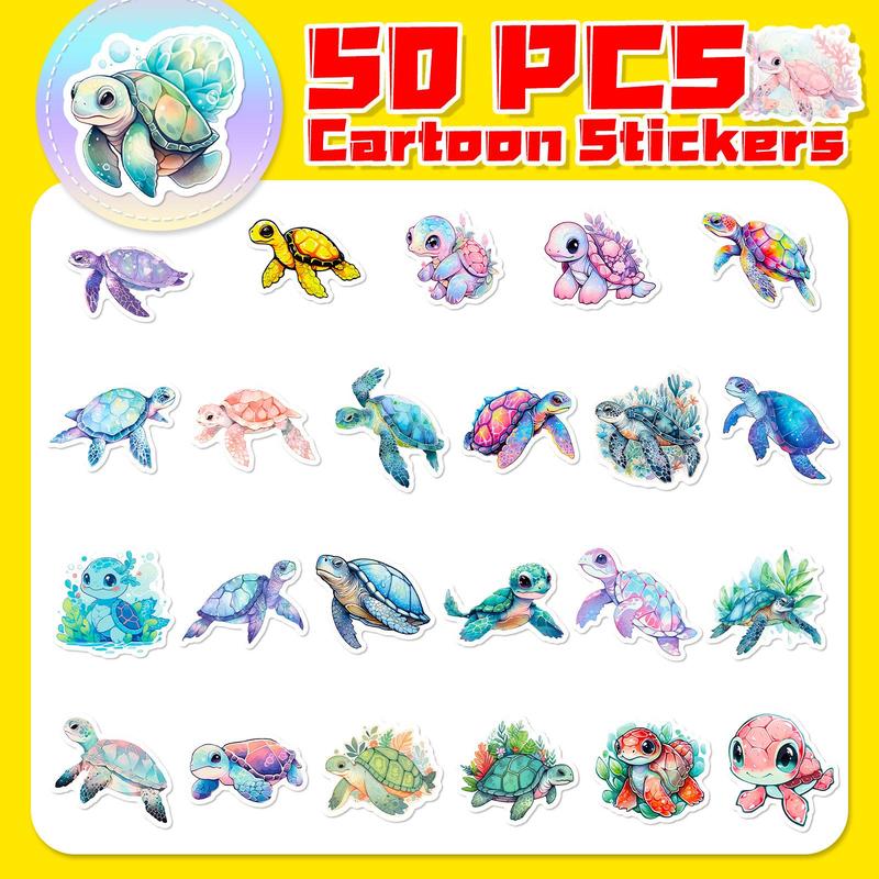 50pcs Set Cartoon Turtle Series Pattern Sticker, Waterproof Self Adhesive Decor Paper, Decor Sticker for Gift Greeting Card Water Bottle Laptop Phone