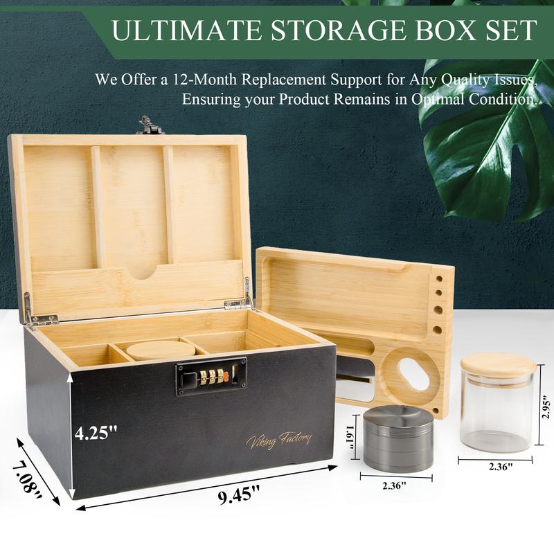 Viking Factory Large Bamboo Box with Combination Lock, Home Decorative Box Lockable, Upgraded Tray | Glass Jars | Accessory Tool Organiser Set