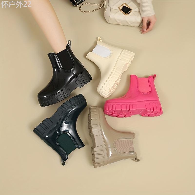 Women's Trendy Non-slip Rubber Thick Bottom Rain Boots, Comfortable Waterproof Solid Color Water Boots