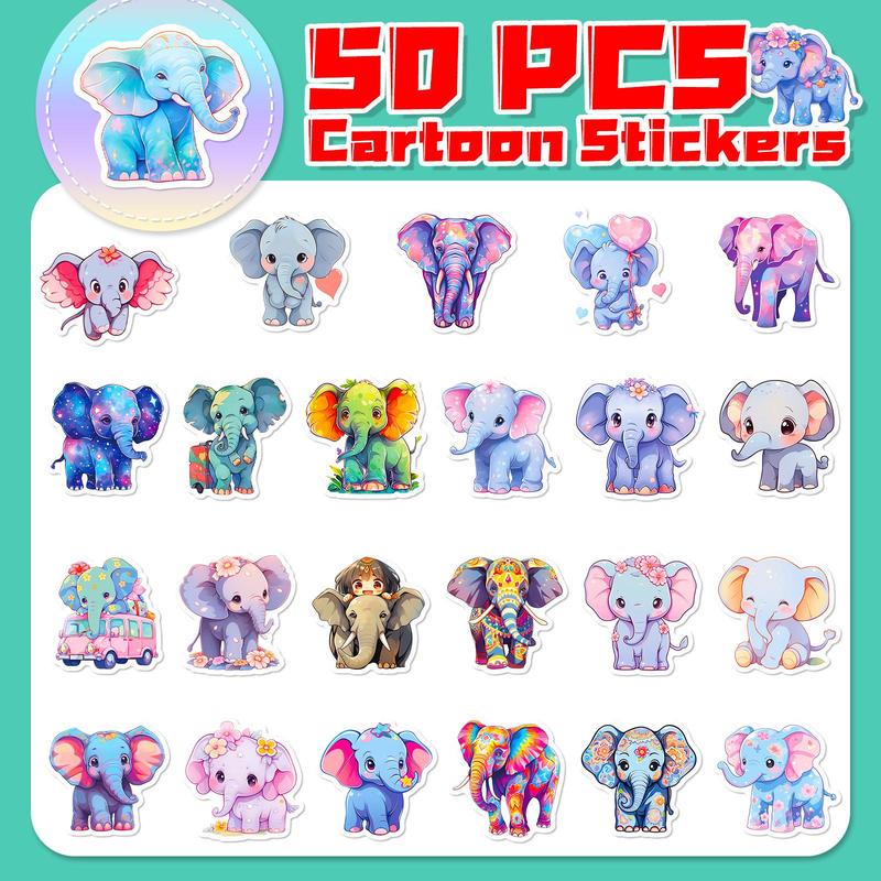 50pcs Cartoon Cute Elephant Series Sticker, Waterproof Sticker Pack for Wall Water Bottle Skateboard Helmet Car Bike Luggage Laptop