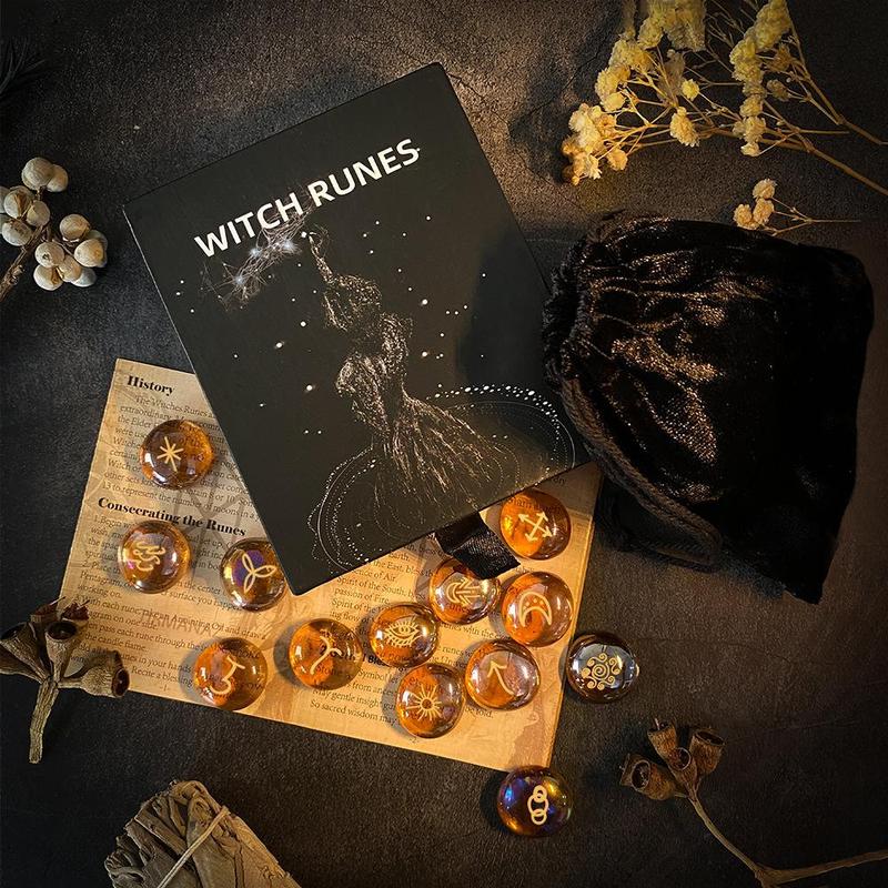 Witch Runes Set, 1 Set Glass Divination Stone with Storage Bag & Guidebook, Party Supplies for Mystical Gatherings, Witchcraft Gift Kit for Adults