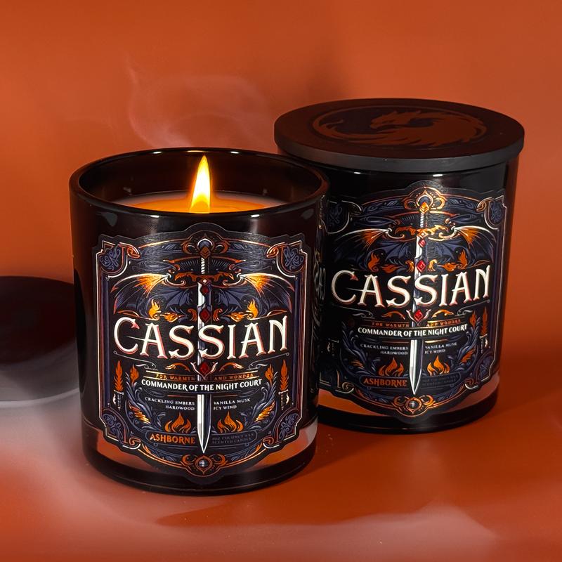 Cassian - ACOTAR inspired 8oz Scented Candle - Crackling Embers, Icy Wind, Vanilla Musk, Hard Wood - Natural Coconut Wax - 35 h Burn Time - Premium Foil Label