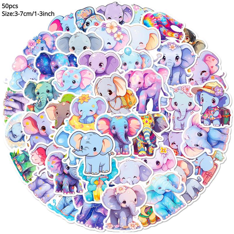 50pcs Cartoon Cute Elephant Series Sticker, Waterproof Sticker Pack for Wall Water Bottle Skateboard Helmet Car Bike Luggage Laptop