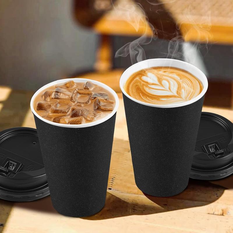 100 Pack 16 oz Coffee Cups with Lids, Disposable To Go Paper Coffee Cups with Sleeves and Stirring Sticks for Hot Cold Drinks Office Home Shop Event (Black)