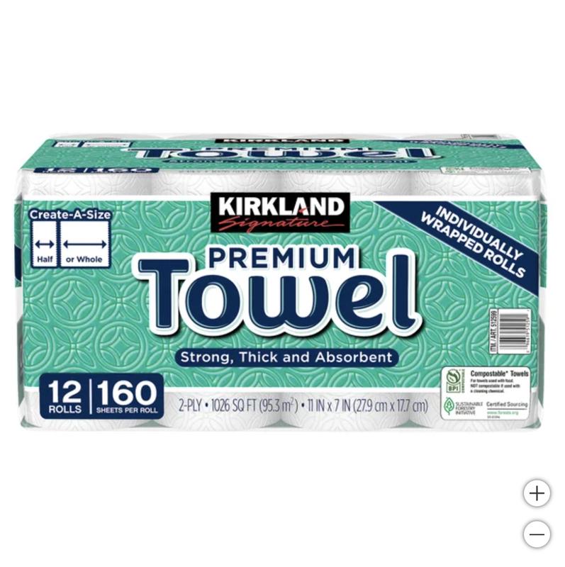 Kirkland Signature Paper Towels, 2-Ply, 160 Sheets, 12 Individually Wrapped Rolls