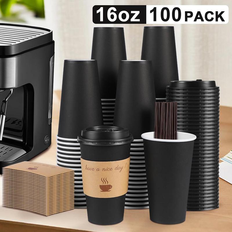 100 Pack 16 oz Coffee Cups with Lids, Disposable To Go Paper Coffee Cups with Sleeves and Stirring Sticks for Hot Cold Drinks Office Home Shop Event (Black)