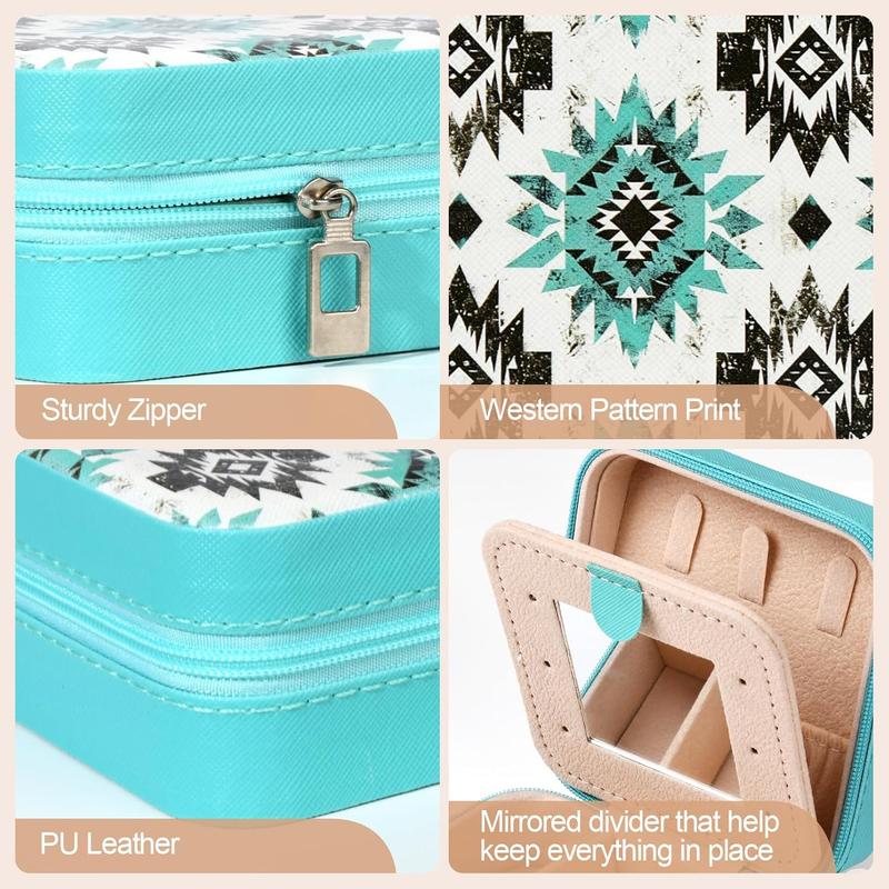 Western Jewelry Box Case Gift Aztec Print Travel Jewelry Organizer Christmas Gifts for Teen Girls Cowgirl Stuff Small Portable Travel Accessories for Women (Aztec) Set