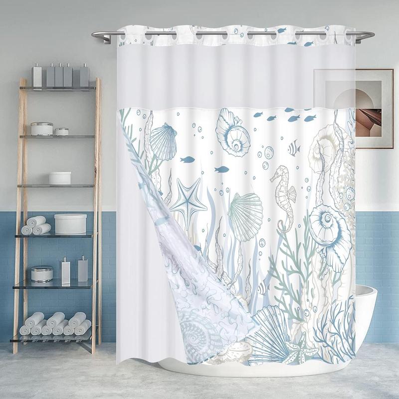 Ikfashoni Nautical Coastal No Hook Shower Curtain with Snap in Liner, Seashell Beach Shower Curtain with Liner, Hotel Shower Curtain, Ocean Themed Shower Curtains for Bathroom Decor, 72