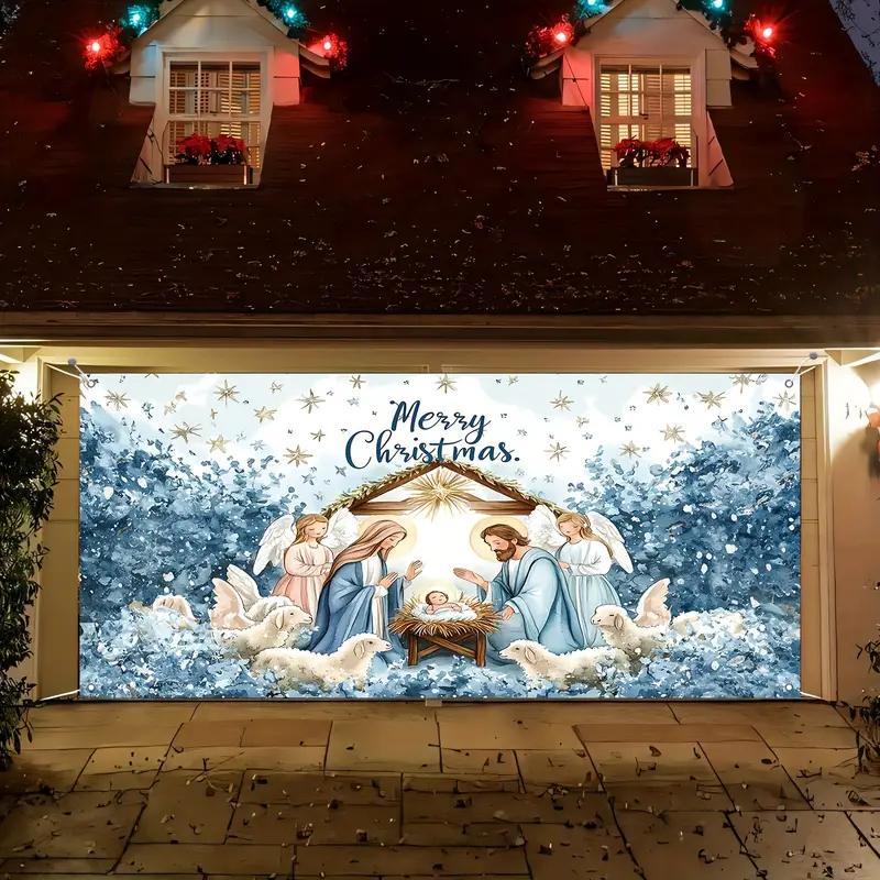 Merry Christmas Themed Garage Door Cover, Nativity Pattern Garage Door Banner, Outdoor Holiday Decoration for Home Garage