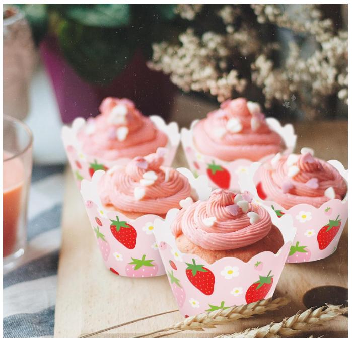 36Pcs Strawberry Cupcake Wrappers Red Pink Strawberry Flower Cupcake Liners Decorative Cupcake Holders for Birthday Baby Shower Party Cake Decoration