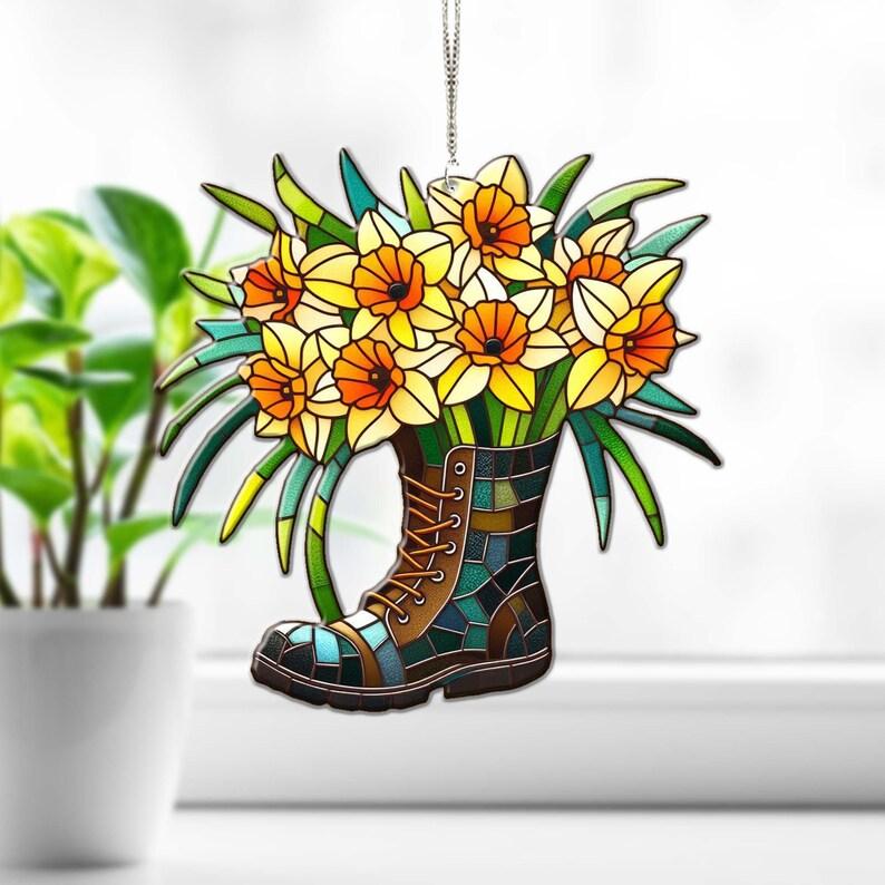 Daffodils boot ACRYLIC Window Hanging, Daffodils lover gift, Daffodils bouquet, Kitchen decor, gift for mom, NOT glass, Home decoration