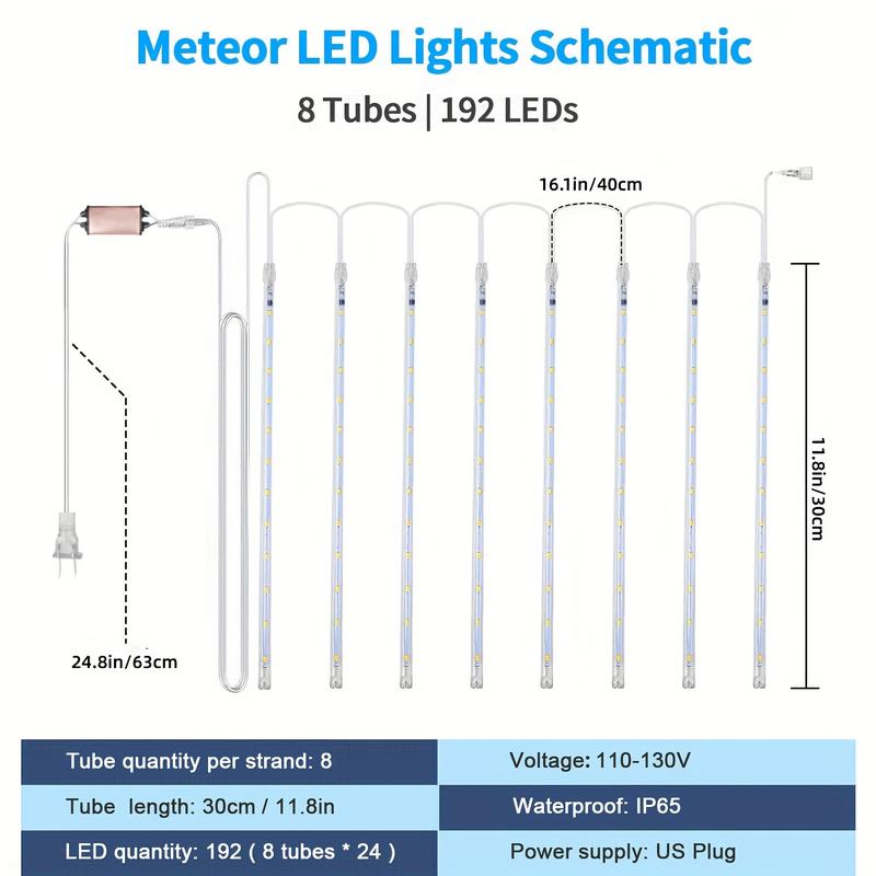 Outdoor Meteor Shower Lights, Halloween Christmas Lights String (10.5ft), 8 Tube 12” 192 LED Meteor Shower Lights for Party, Christmas Ornaments , Christmas Lights Indoor Outdoor Suitable for Party Holiday