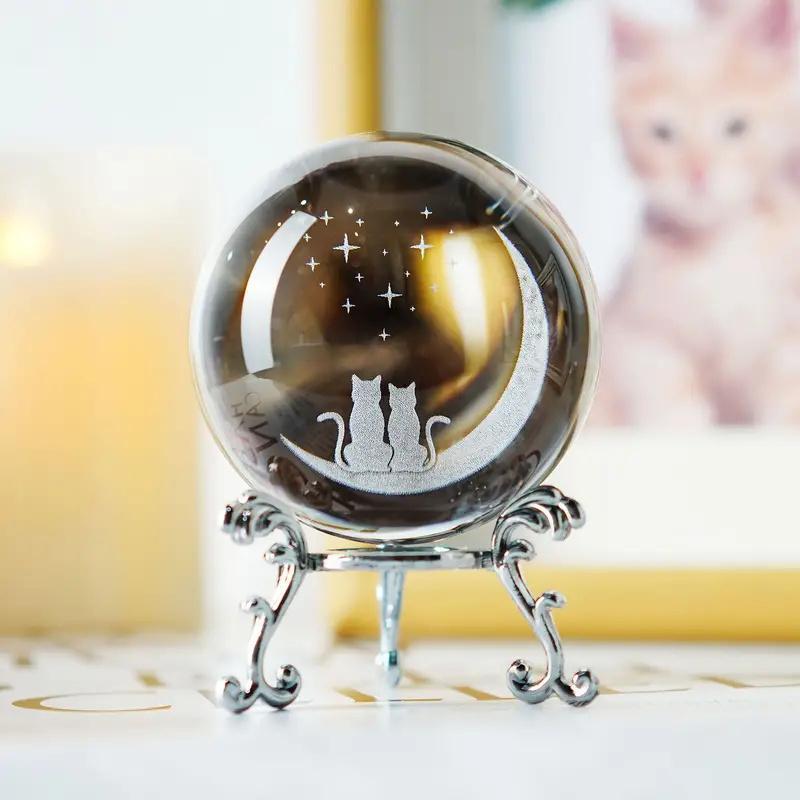 Cat & Moon Pattern Crystal Ball, 1 Count 3D Laser Engraved Crystal Ball with Silver Plated Stand, Home Office Tabletop Decor