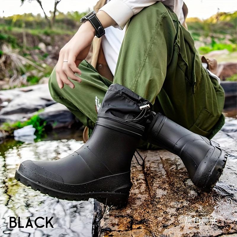 Casual Mid-Calf Rain Boots for Men - Solid Color All-Season Hiking Footwear, Water-Resistant PVC Upper with Non-Slip Sole, Fabric Inner, Round Toe, Slip-On Design with Drawstring Closure - Fishing & Work Rain Shoes