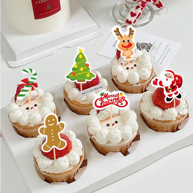 Christmas Themed Cupcake Topper, 24pcs set Cute Cartoon Cupcake Topper, Cake Decoration Supplies for Home Party Holiday