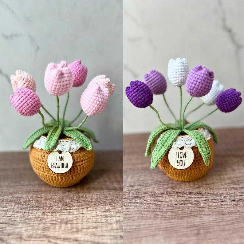 Crochet Flower Plant, Crochet Sunflower Gift Decor, Crochet Plant in Pot, Encouragement Daily Positive Affirmation, Tulip Rose Daisy Crochet, Crochet Gift